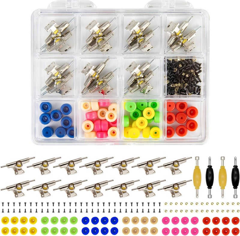 DisplayMore Store Fingerboard Repair Kit -Includes Box & Tools-Mini 96mm Finger Skateboard Parts Include 14 Brackets 48 Multicolour Wheels 60 Screws 30 Nuts 4 Screwdriver(Trucks-31mm & Box) - Image 1